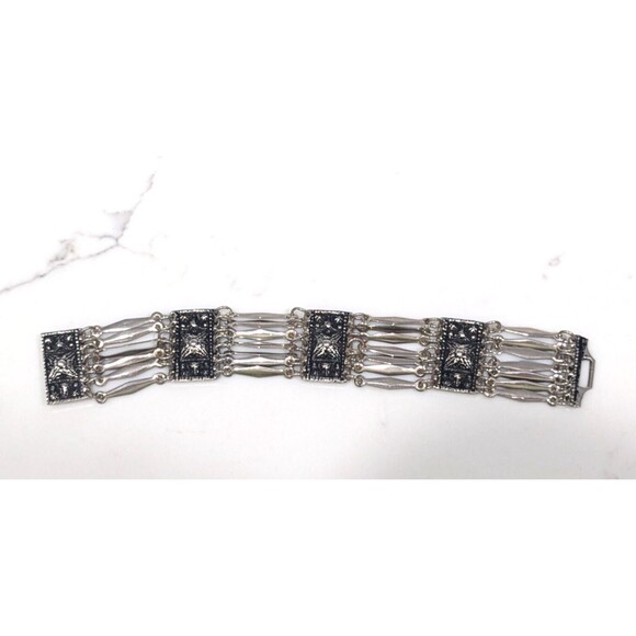 Vintage Hecho En Mexico Antiqued Look Silver Tone Link Bracelet 7.25" - Picture 2 of 10